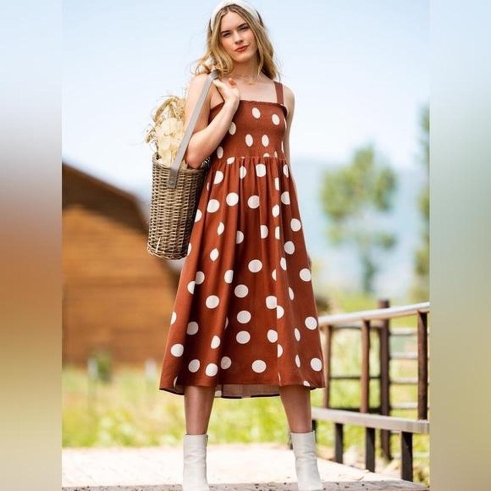 Altar'D State Tory Linen Blend Brown Polka Dots Midi Dress Size S